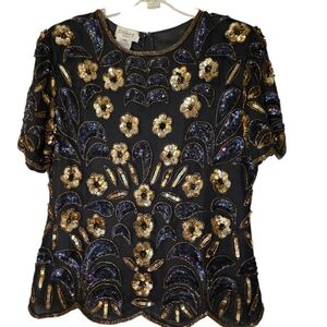 Stenay Black and Gold Silk And Sequins Embellished 80s Holiday Party Top Medium